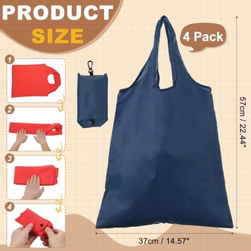 sourcing map 4 Pack Foldable Travel Bag with Handles, Lightweight Polyester Fabric Reusable Grocery Bags, Washable Shopping Tote Pouch for Women & Men Travel Beach Storage, Navy Blue — view 3