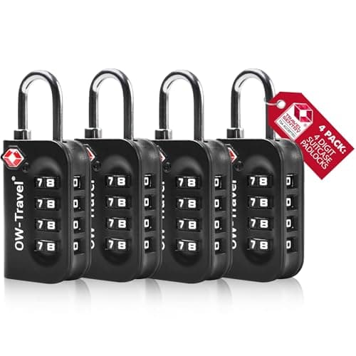 OW-Travel Suitcase Locks, TSA Approved Luggage Padlocks, Black, 4 Pack