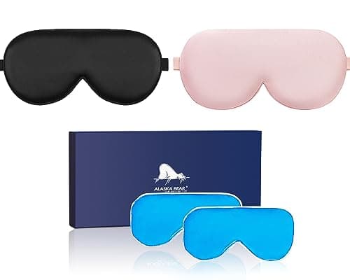 ALASKA BEAR Sleep Mask Cooling & Heated Weighted Gel Compress Cotton & Silk Sleeping Eye Shades Cold & Hot for Pain Relief, 2 Pack (Black &Pink)