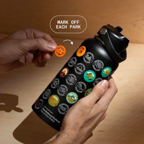 National Parks Water Bottle with Stickers Kit, Erikas Chesonis Collaboration, Adventure Flask with Straw, Waterproof Stickers for Water Bottle, Insulated Stainless Steel 32oz (Black) — view 2