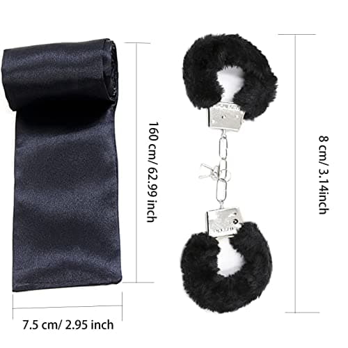 Fluffy Handcuffs, Metal Handcuff with 2 Keys, Sleep Eye Mask Play,Cosplay Costume Props for Cosplay,Valentine's Gift Handcuffs Prop Dress Ball Party (Black) — view 6