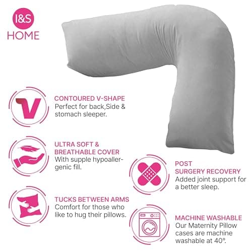I&S Home V Shaped Pillow With Pillowcase Grey - Orthopeadic Support Pillow for Neck, Back and Shoulder, Maternity, Nursing & Pregnancy Pillow - Hypoallergenic V Pillow (Grey) — view 3