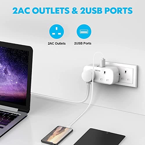 VINTAR Double Plug Adapter UK with 2 USB, 2 Way Plug Extension Sockets — view 2