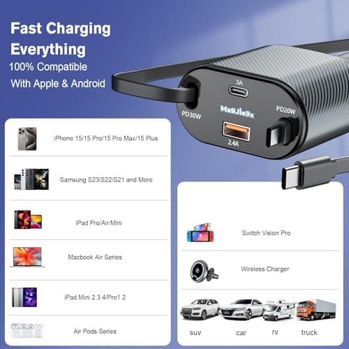 MAGJIEYX Retractable Car Charger, 80W Cigarette Lighter USB Adapter Fast Charging with Dual Type-C Cables & USB-C/USB-A Port for iPhone 16 15 14 13 12Pro Max Plus iPad AirPods Galaxy Car Accessories — view 4
