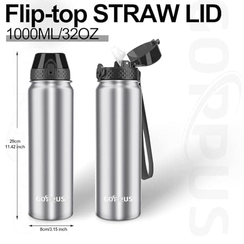 GOPPUS 1L/32oz Stainless Water Bottle with Straw Double Wall Insulated Bottles with Strap Reusable Vacuum Thermal Flask Leakproof Keep Cold Drinks Bottles with Flip Top Lid BPA Free (Silver) — view 4