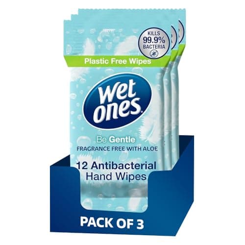 3 Pack Wet Ones Unscented Hand Wipes – 36 Wipes, Fragrance Free Biodegradable Wipes Gentle on Skin with Aloe, Plastic Free, Travel Size Hand Cleaning Wipes for Home, Office & Everyday Fresh Cleaning