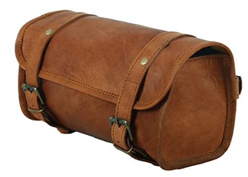 Urooj Handicraft Genuine Goat Leather Vintage Motorcycle 2 Strap Buckle Closure Tool Brown Bag Quick Release Clasp Reinforced for Handlebars,Forks, Sissy Bar - 10" Christmas New Year Gift Idea