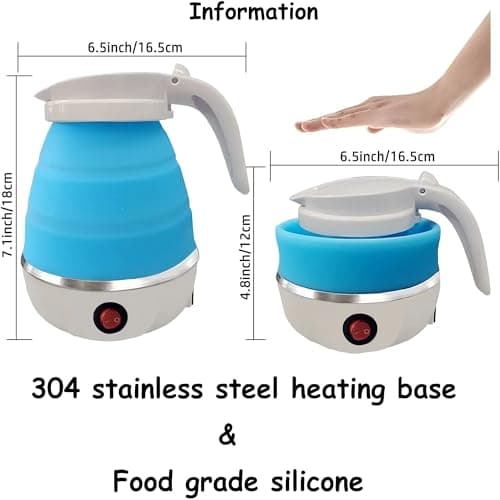 Foldable Electric Travel Kettle,600ml Portable Kettle Silicone Collapsible Heating Water Boiler Tea Pot for Camping,Easy for Storage with Separable Power Cord (Blue) — view 5