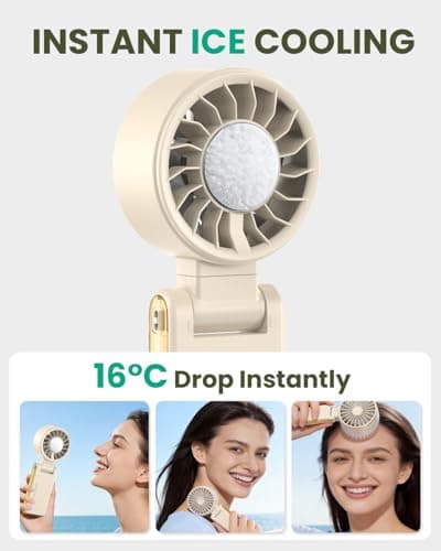 Joneytech Turbo Portable Fan with Ice Cooler, Mini handheld fan with Battery，4-in-1 Foldable Neck Fan with Clip and LED Display, 12 Hours Cooling Fan for Summer Travel Holiday essentials（Cream） — view 3