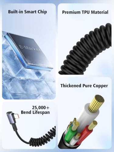 YACSEJAO USB C Coiled Cable 90 Degree 100W Fast Charging Retractable — view 6