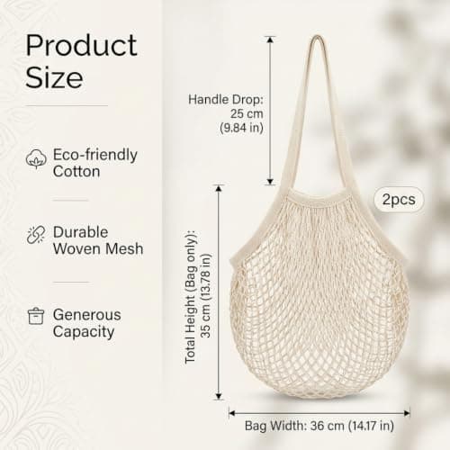 2 Pcs Mesh Bags,String Bag,Reusable Mesh Produce Bags,Organic Grocery Cotton Shopping Bag,Fruit Net Bag,Washable Drawstring Net and Beach Mesh-Bags for Storing Garden Bulbs,Fruits Vegetables — view 2