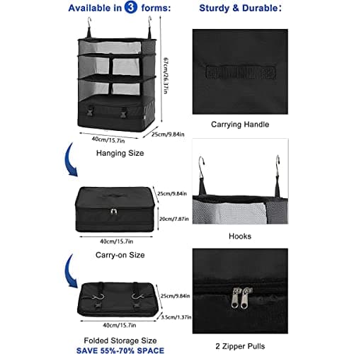 Muross Travel Luggage Organizer Portable Travel Shelves Bag 3-Shelf Suitcase Packing Cube Collapsible Hanging Closet Storage Bag Space Saver for Wardrobe Suitcase Carry On — view 4