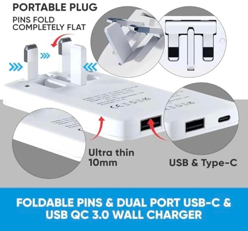 Orivo Ultra-Slim Flat USB-C & USB QC 3.0 Charger UK Charger, 20W Multi Port UK Power Plug, Type C Fast-Charging iPhone 16/15/14 Pro Max, Galaxy Mobile Phones, UK Travel Adapter, (White) — view 5