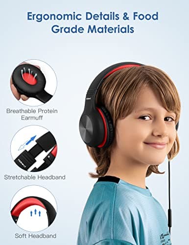 Nabevi Kids Headphones, Childrens Headphones with Microphone, 85/94dB Volume Limit, HD Sound, Sharing Function, Wired Headphone for Kids Boys Girls for Tablet/iPad/Kindle/PC/School/Travel, Black Red — view 3