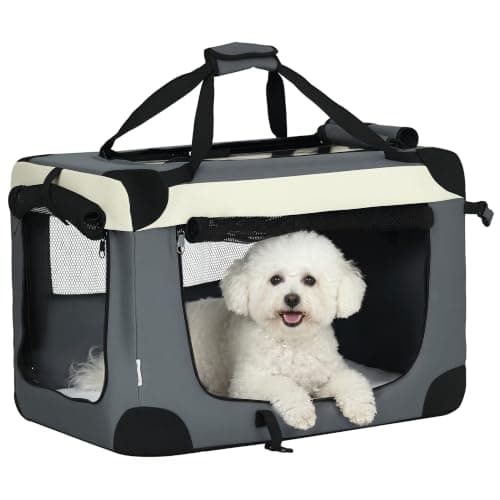 PawHut 60cm Foldable Pet Carrier for Miniature Dogs Cat Carrier Grey