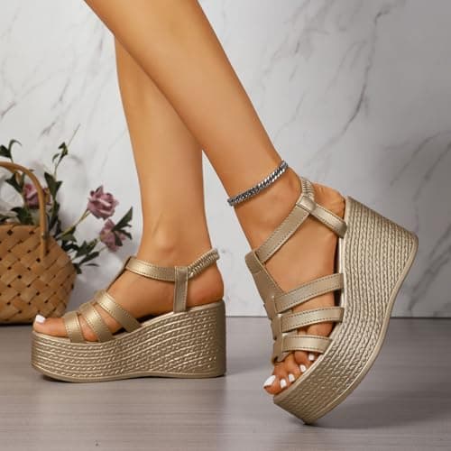 Women's Open Toe Espadrille Platform Wedge Sandals With Adjustable Ankle Strap Summer Casual Lightweight Soft Hollow Out Walking Wedge Sandal Fashion Holiday Outdoor Vacation Going Out Shoes (Gold, 5) — view 2