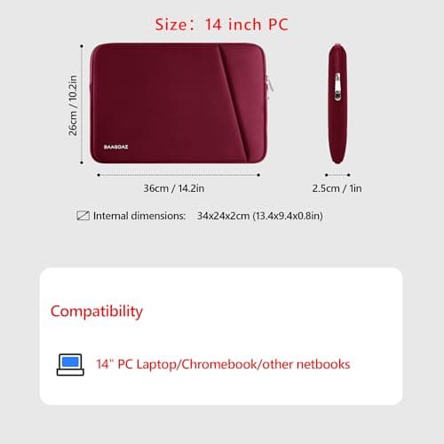 BAAGOAZ 14 Inch Laptop Sleeve Protective Case with Front Pocket, Red — view 6