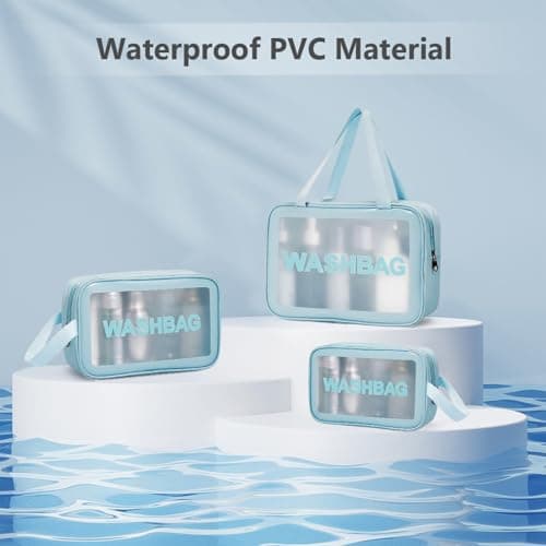 Aucuu 3PCS Clear Toiletry Bag, Wash Bag, Clear PU Makeup Bags, Waterproof Toiletry Travel Bags with Zipper Handle, Portable Airport Cosmetic B-ag for Travel Bathroom Men Women（Blue） — view 6