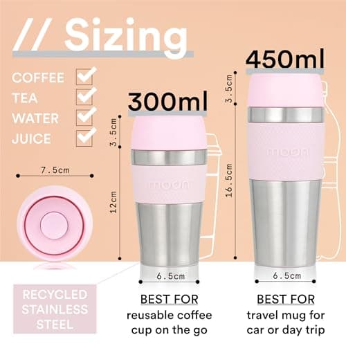 Moon 360° Travel Mugs - Leakproof Reusable Coffee Cup for Hot Drinks - Insulated Stainless Steel Thermal Mug, Fits Car Cup Holders (300ml, Recycled Metal/Pink) — view 2