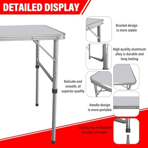 4ft Folding Table, 3 Adjustable Heights Camping Table (55/62/70 cm), Aluminum Trestle Table with Load Capacity of 50kg, Portable Picnic Table with Carrying Handle Perfect for Indoor and Outdoor Use — view 5