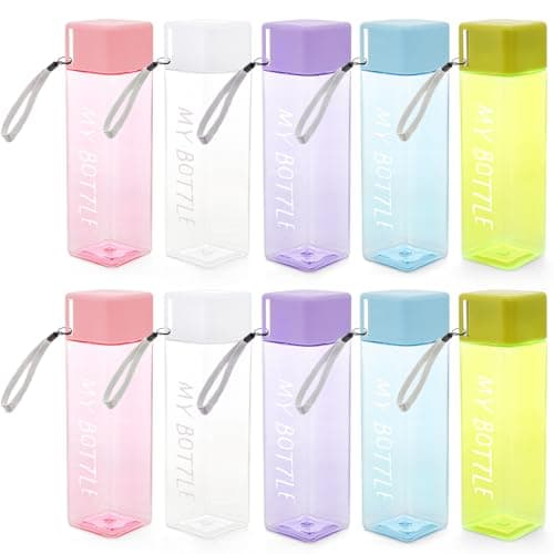 ZEAYEA 10 Pcs Water Bottles Bulk, 15 oz Portable Sports Water Bottle with Lanyard, Leak Proof Reusable Square Plastic Drinking Bottles for Outdoor, Gym, Camping, Fitness, Travel, Office