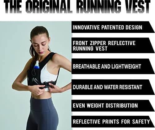 AMOSTEC Running Phone Holder Vest, Original Zip Front Reflective Running Vests with 500ml Hydration Bottle, 5 Pockets for Cards, Keys, Towels, Adjustable Waistband & Breathable Materials, Men & Women — view 2