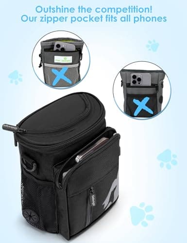 Gobeigo 8 Cup Dog Treat Pouch and Training Clicker, Dog Walking Bag with Phone Holder, Built-in Poop Bag Dispenser, 3 Ways Wearable Pet Fanny Pack for Outdoor Travel(Gray & Black) (Black) — view 3
