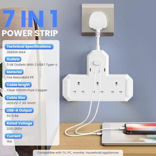 Multi Plug Extension Socket with USB C, 3 Way Plug Adaptor With Nightlight, Short Cord Power Strip with 2USB & 2USB-C Ports, Plug Adapter UK Multi Plug Adaptor with Flexible Plug For Home Office White — view 5