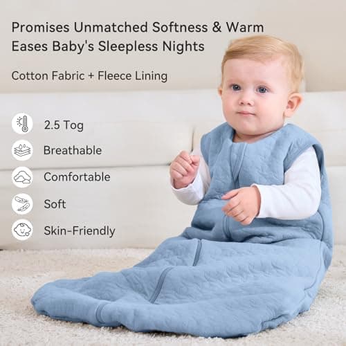 Unnivoll Baby Sleeping Bag 2.5 Tog 0-6 Months 100% Cotton Winter Sleeping Bag Baby 2-Way Zipper Quilted Sleep Sack for Newbron Infant Warm Soft Blue — view 2