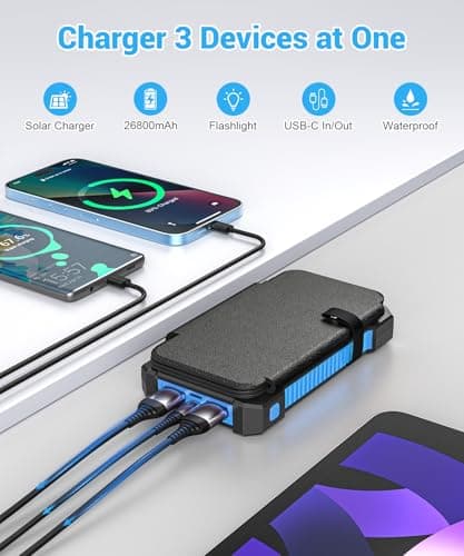 Solar Power Bank 26800mAh with 4 Solar Panels, 18W USB-C Power Bank Fast Charging Portable Battery for Phones, IPX7 Waterproof External Battery Pack with Flashlight Light/SOS/Strobe (blue) — view 2
