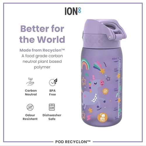 Ion8 Kids Water Bottles, BPA Free, Leakproof, Dishwasher Safe, Easy Open, Secure Lock, Small Boys & Girls Water Bottle,Kids Drinks Bottle for Spill-free Drinking, Purple, Unicorns, 350ml/12oz — view 5