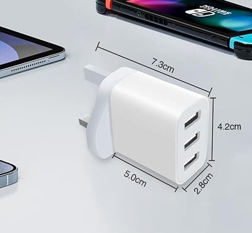 3 Pack UK Plug USB Wall Charger with 3 Ports, Multi Device Fast Charging Adapter for Home Office Travel, Safe Power Plug for iPhone Android Tablet Earbuds (White-3P) (3, White+3Pcs) — view 2