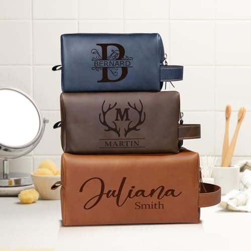 Personalised Leather Toiletry Bag for Men, Custom Wash Bag Engraved Name,Waterproof, Travel & Toiletry Use — view 6