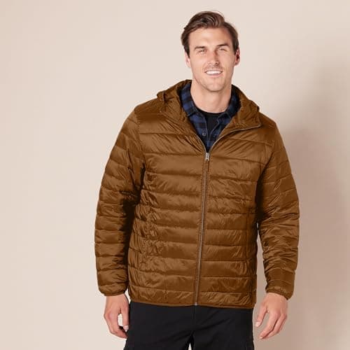 Amazon Essentials Men's Lightweight Water-Resistant Packable Hooded Puffer Jacket, Light Brown, M — view 6