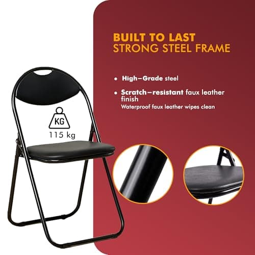 Meown Folding Chair Padded Paris Faux Leather, Black, Comfortable Space Saving Foldable Dining & Office Chairs, Durable Steel Frame with Soft Cushion Seat, Portable & Easy to Store, Max Weight 114 kg — view 3