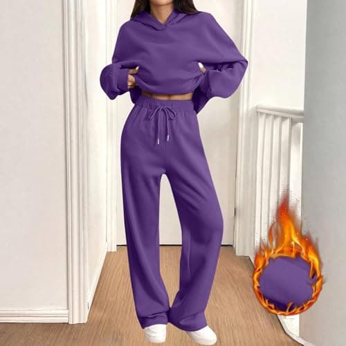 Tracksuit Womens Full Set Oversized 2 Piece Outfits Long Sleeve Hoodie and Sweatpants Women Lounge Wear Sets Fashion Sweatsuits Wide Leg Jogger Loose Loungewear Gym Fitness Activewear Set Purple M — view 5