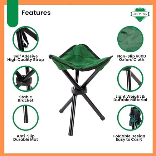 ADEPTNA Lightweight Folding Camping Stool Compact 3-Legged Portable Travel Chair with Adjustable Carry Strap Sturdy Steel Frame Durable 600D Oxford Cloth Foldable Tripod Seat for Camping, Hiking, Fish — view 3