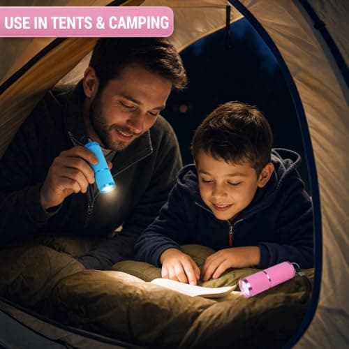 Voskilon 2 Pack Mini Torch Small Torch 9 LED Battery Powered, Glow in Dark Kids Torch with Lanyard, Compact Pocket Torch for Camping Hiking Walking Emergency Use, Aluminium Alloy Blue Pink — view 4