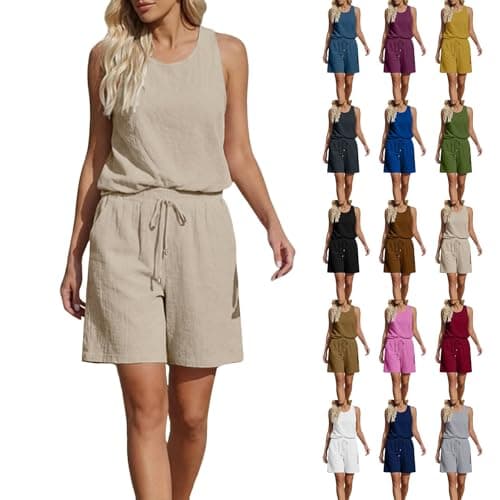 EMUKFD Holiday Co Ord Sets for Women Cotton Linen Sleeveless Vest Tops Wide Leg Shorts 2 Piece Loungewear Beach Travel Airport Leisure Suits Holiday Clothes Festival Outfit Homewear Pyjamas Set