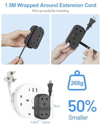 UK to Japan Plug Adapter with 1.5M Extension Cable, FDTEK 2 Way 3 USB Japan Travel Adapter with Retractable USB C Cable for Japan, Panama, Philippines Travel (Type A)-Black — view 4