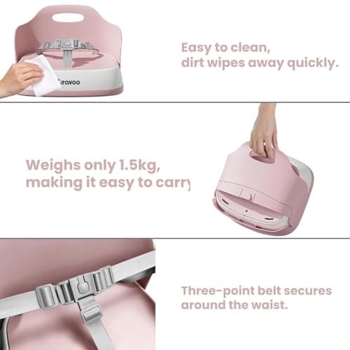 UBRAVOO Portable Booster Seat for Dining, Travel High Chair with 3-Point Harness and 2 Adjustable Straps, Washable Baby Food Chairs 6 Months Plus Sitting Up(Pink) — view 5