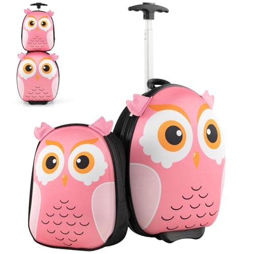 HOMFME 2 PCS Kids Luggage Set, Children Suitcase and Backpack Set with Adjustable Handle and Universal Wheels, Hard Shell Toddler Trolley Case for Travel School (12 + 16 Inch, Pink Owl)