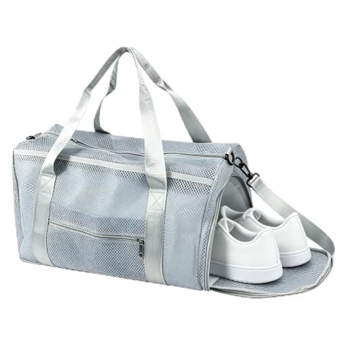 Small Gym Bag for Women Men Sports Duffle Bag Mesh Travel Bag with Shoes Compartment and Wet Pocket Fitness Tote Holdall Overnight Weekend Handbag for Travel Yoga Swim Training Workout (Grey)