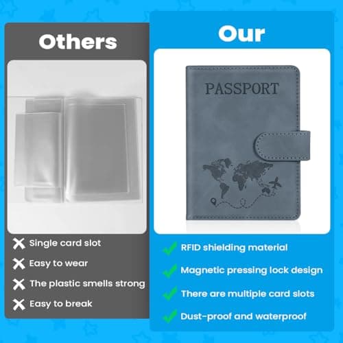 AOOTE Passport Holder Cover Wallet Case, PU Leather RFID Blocking Passport Cover Case with Card Slots, Passport Holder for Passports Ticket Boarding Passes Credit Cards Business Cards, Sea Grey — view 3