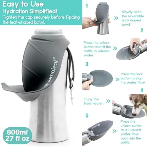 LumoLeaf Portable Dog Water Bottles 800ml, Stainless Steel Pet Travel Water Bottle Dispenser for Walking, Hiking and Outdoor, Portable Water Bowl for Large Dogs (Grey) — view 5