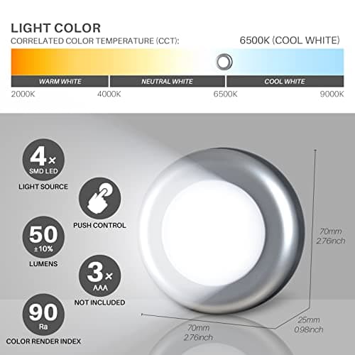 STAR-SPANGLED Tap Light Push Lights, Stick on LED Touch Puck Light AAA Battery Operated, Press Spot Lighting Indoor for Under Cupboard, Wardrobe, Cabinet, Kitchen (2.8inch, Silver, Cool White, 5 Pack) — view 4
