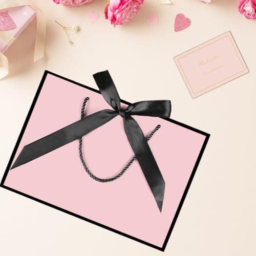 AMFUN 2PCS Medium Pink Gift Bag, Paper Gift Bag with 4 Wrappers and 2 Cards,Present Bags with Handles,Pinks Paper Bags for Women Valentines Girls Bridesmaid Birthday Wedding Party (Pink-Black) — view 4