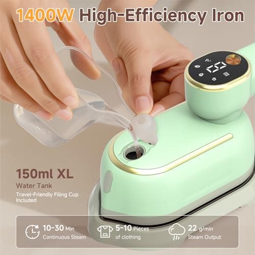 Travel Steamer for Clothes, 1400W Travel Iron, 10-Second Rapid Heat-Up Clothes Steamer with LCD, 180° Rotating Handle & Ceramic Soleplate for Travel, Home, Office Use（Green） — view 6