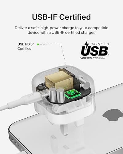 Belkin BoostCharge Compact Wall Charger 30W, Travel-friendly USB-C Power Delivery Fast Charging for Apple iPhone 17, Air, Samsung Galaxy S25, Pixel, iPad, AirPods, Tablet - With Type C Cable - White — view 6