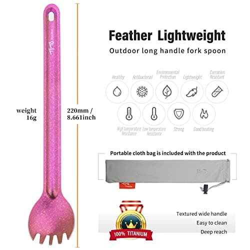 TiTo Titanium Long Handle Spork and Spoon Eco-Friendly Ultralight Portabale Flatware for Outdoor Camping Backpacking Hiking Travel Picnic Tableware with Bag(Rose Spork) — view 2